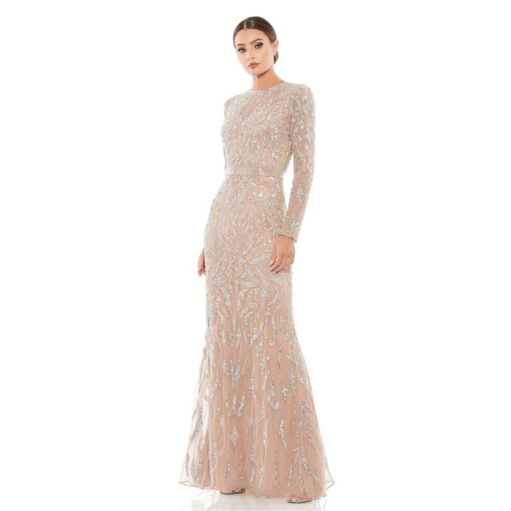 NWT Mac Duggal 5124 NUDE Beaded Long Sleeve Evening Gown In Mocha Size 10